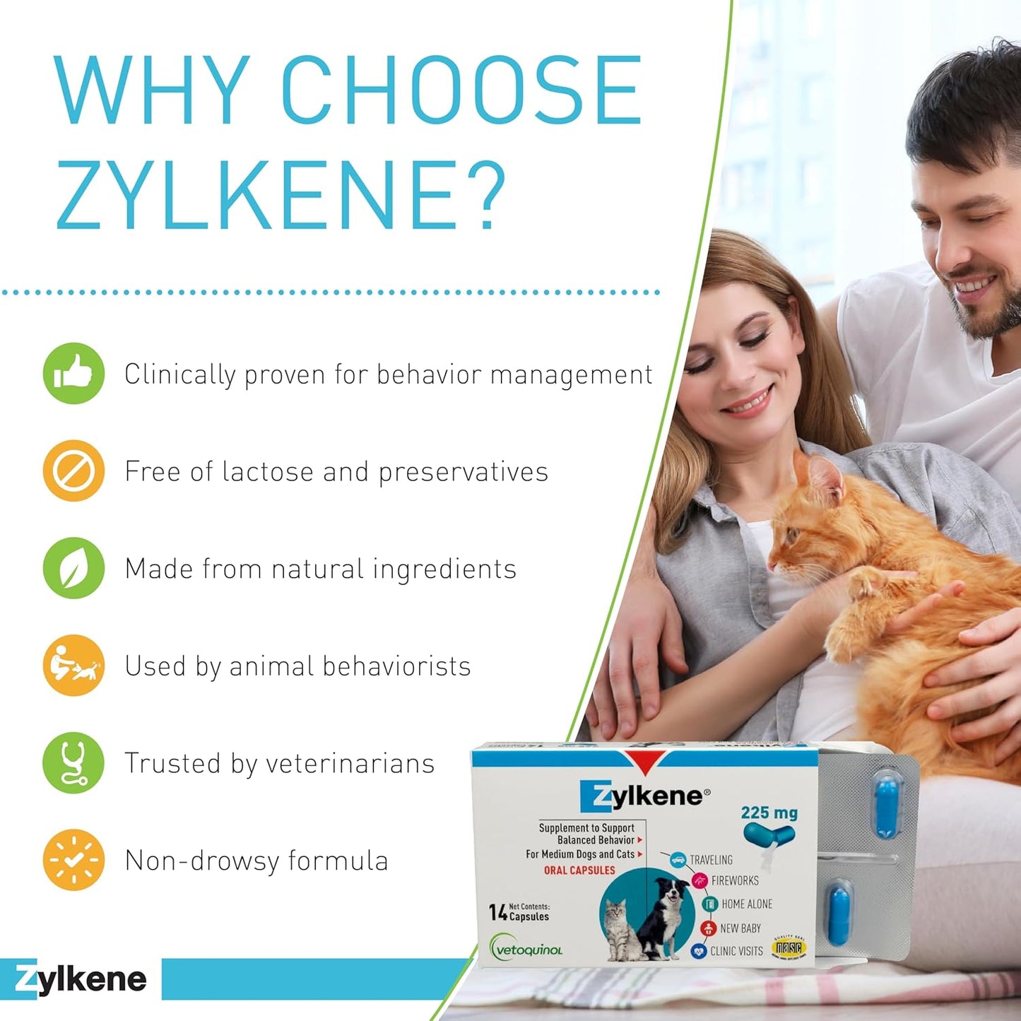 Zylkene Behavior Support Capsules for Medium Dogs 33-65Lbs, Calming All Natural Milk Protein Supplement, Helps Relieve Dog Anxiety during Fireworks and Thunder, 225Mg