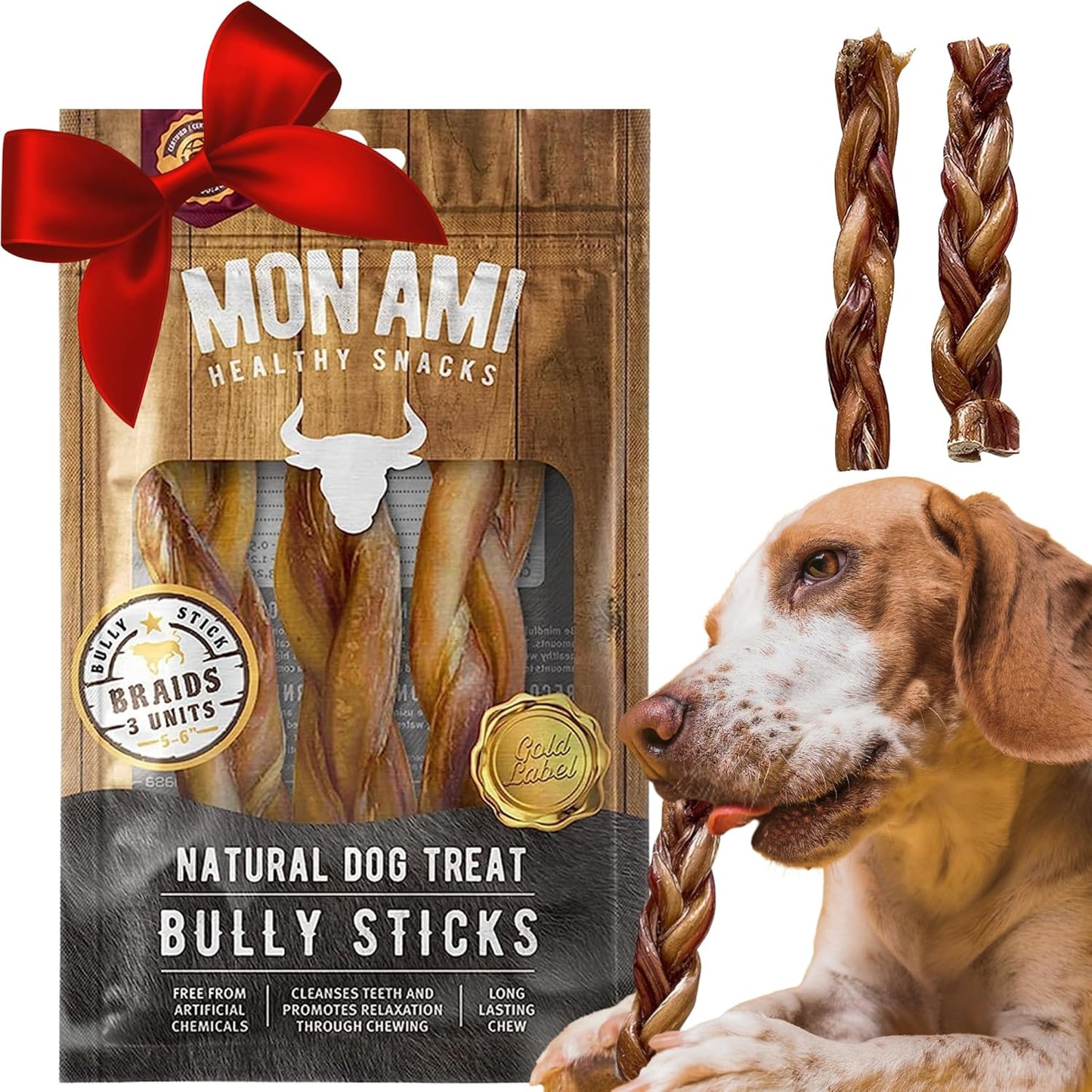 Mon Ami Braided Bully Sticks for Large and Small Dogs (5-6 Inches, Pack of 12) - Made from Grass Fed Beef Dog Treats - Natural Bully Sticks - Grain Free & High Protein Dog Snack