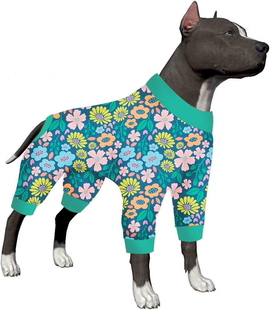 Dog Pajamas Large - Big Dog Clothes, Post Surgery Onesie, Lightweight Fabric Pitbull Dog Pullover Pajamas, Navy Wild Flowers Print,Pitull Pajamas, Full Coverage Dog Pj'S,Blue Green L