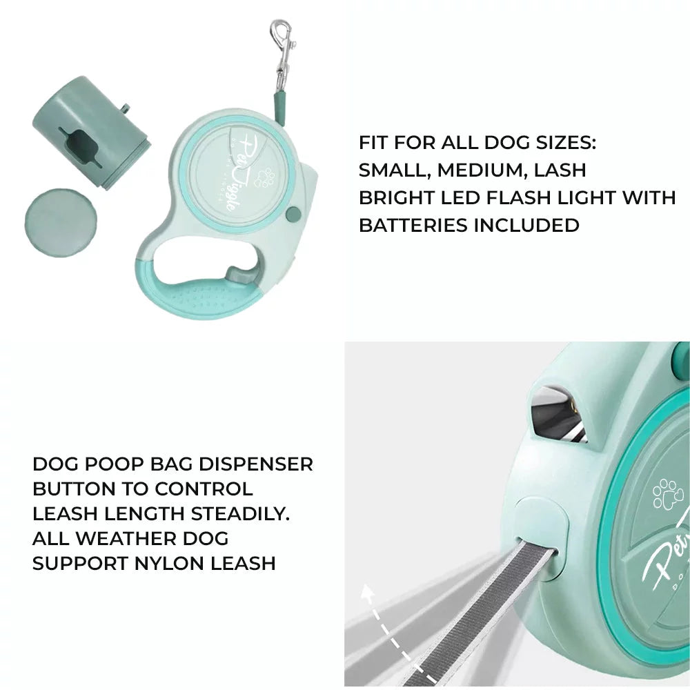 3 in 1 Retractable Dog Leash 16 FT with LED Flashlight - Dog Poop Bag and Poop Bag Dispenser [GREEN]