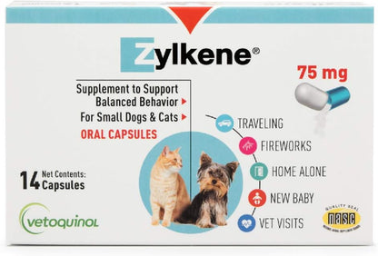 Zylkene Calming Support Supplement for Small Dogs and Cats, Helps Promote Relaxation and Reduce External Stress Factors, Daily Behavioral Support and Anxiety Relief for Dogs and Cats, 75Mg