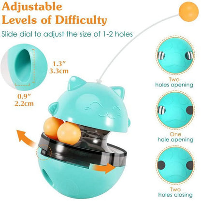 Cat Food Dispenser Treat Toys, Interactive Treat Dispensing Slow Feeder Pet Food Treat Ball, Funny Tumbler Style IQ Training Toy with Dual Rolling Balls & Detachable Wand for Cats Kitten, Blue