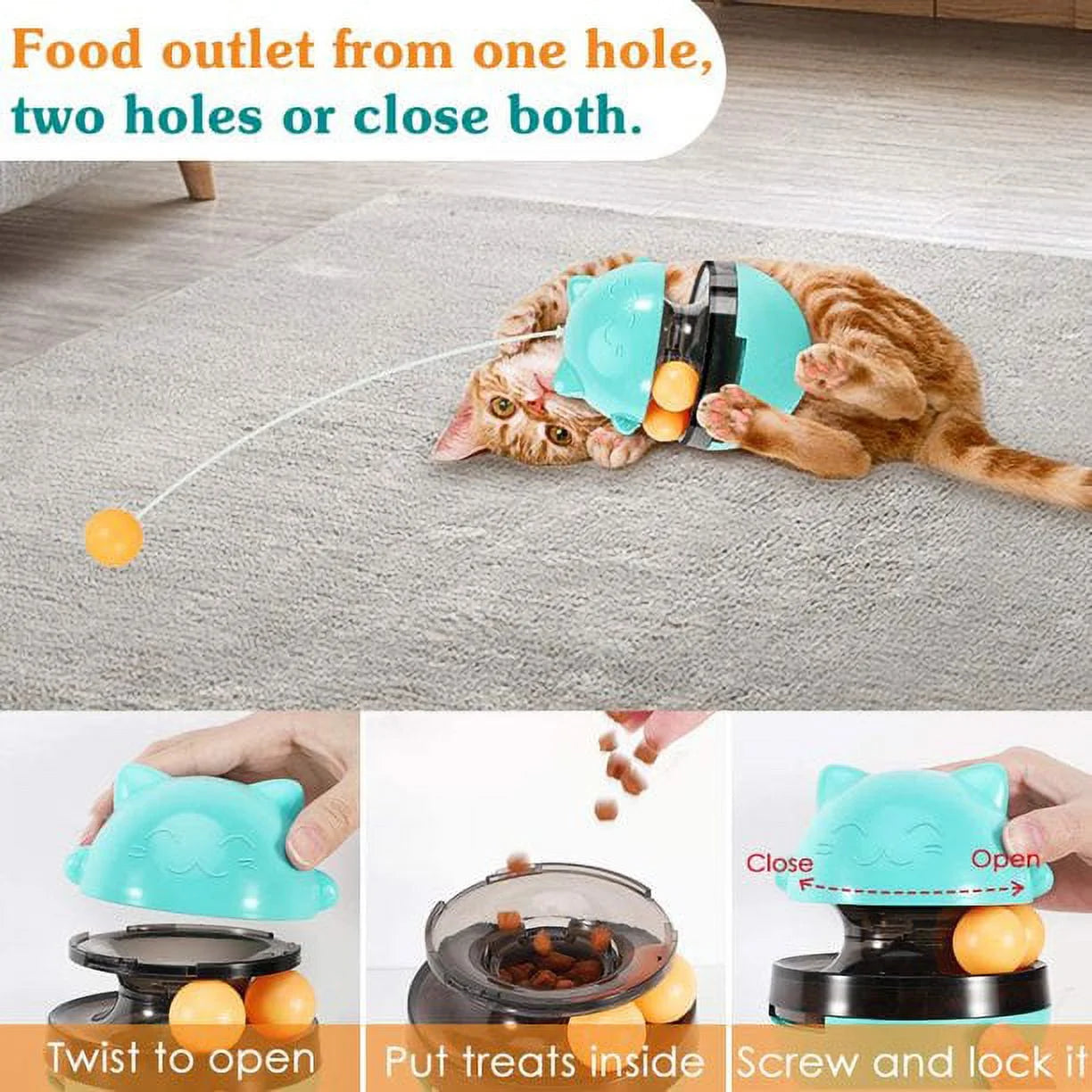 Cat Food Dispenser Treat Toys, Interactive Treat Dispensing Slow Feeder Pet Food Treat Ball, Funny Tumbler Style IQ Training Toy with Dual Rolling Balls & Detachable Wand for Cats Kitten, Blue