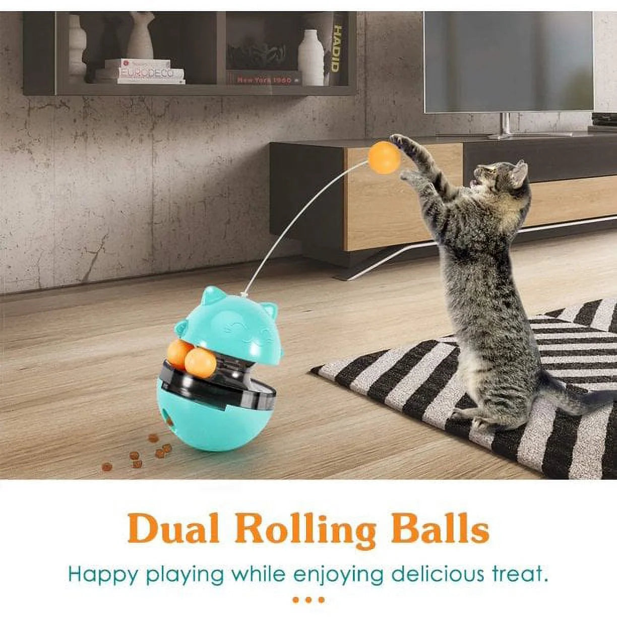 Cat Food Dispenser Treat Toys, Interactive Treat Dispensing Slow Feeder Pet Food Treat Ball, Funny Tumbler Style IQ Training Toy with Dual Rolling Balls & Detachable Wand for Cats Kitten, Blue