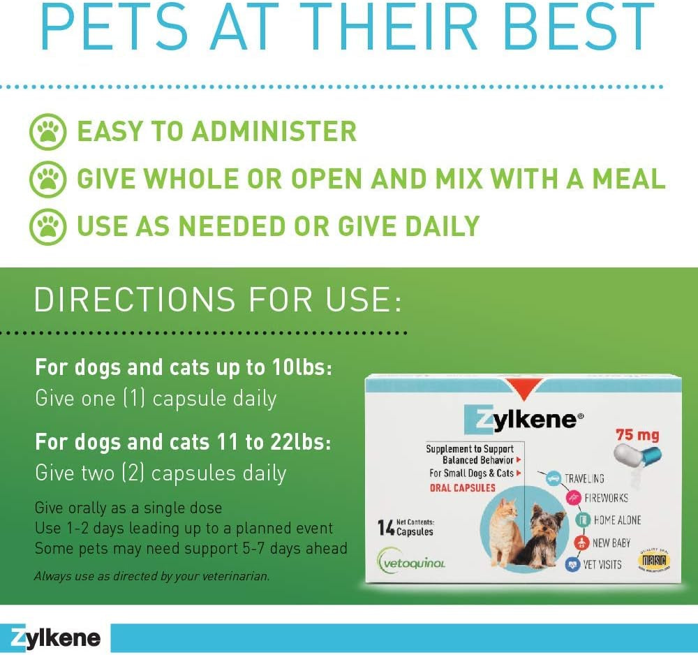 Zylkene Calming Support Supplement for Small Dogs and Cats, Helps Promote Relaxation and Reduce External Stress Factors, Daily Behavioral Support and Anxiety Relief for Dogs and Cats, 75Mg