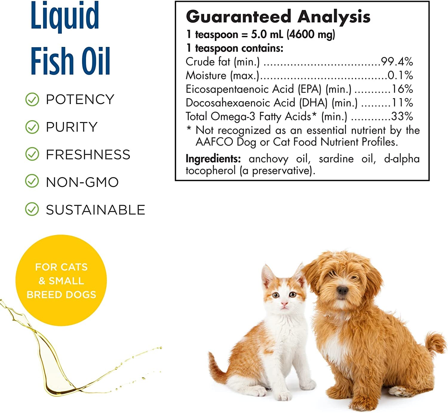 Omega-3 Pet, Unflavored - 2 Oz - 304 Mg Omega-3 per One Ml - Fish Oil for Small Dogs & Cats with EPA & DHA - Promotes Heart, Skin, Coat, Joint, & Immune Health