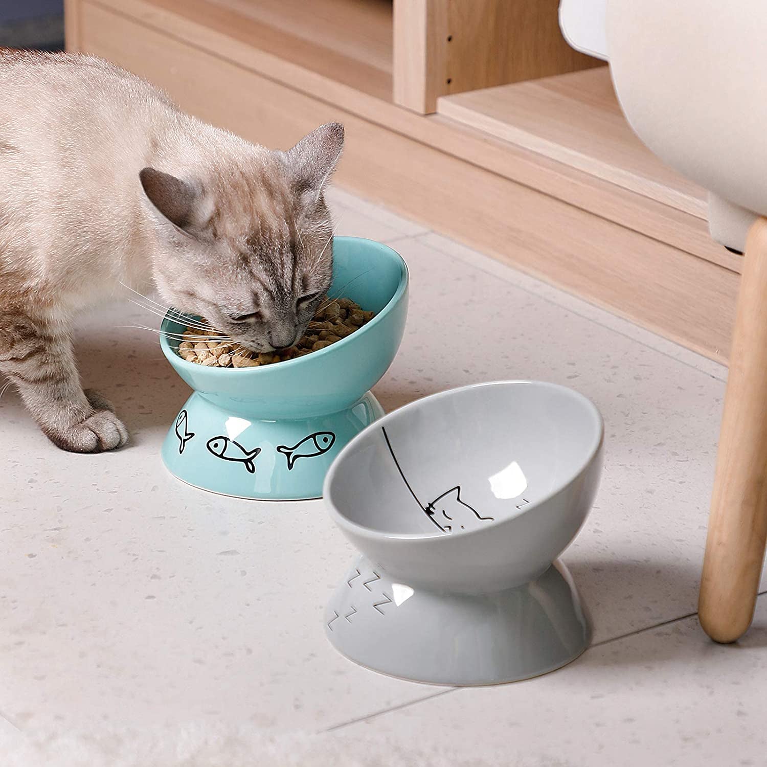 Raised Cat Bowl for Dry Wet Cat Food, Ceramic Elevated Pet Bowl Cat Dish, Slanted Design for Cat Easy Eating, 10 Oz, Dishwasher Safe (Grey)