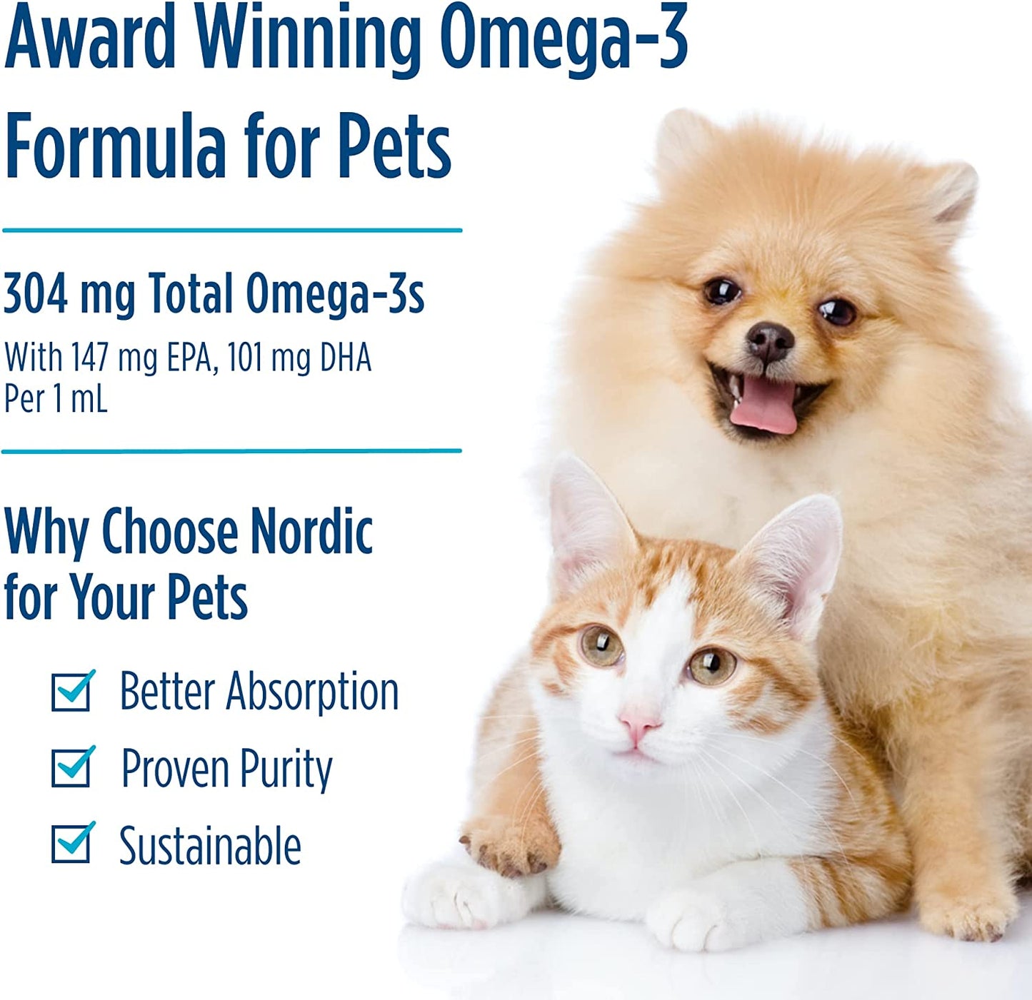 Omega-3 Pet, Unflavored - 2 Oz - 304 Mg Omega-3 per One Ml - Fish Oil for Small Dogs & Cats with EPA & DHA - Promotes Heart, Skin, Coat, Joint, & Immune Health