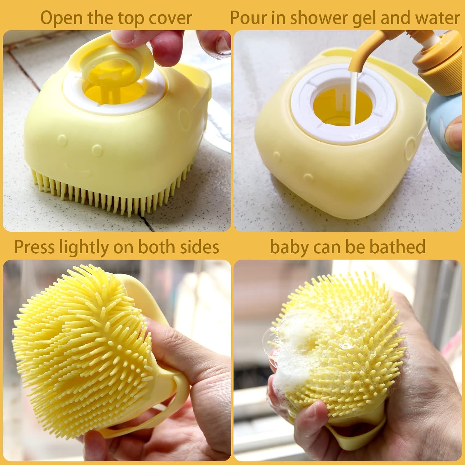 Pet Bath Brush Dog Bath Brush Shampoo Dispenser Soft Silicone Dog Bathing Brush Dog Shampoo Brush Scrubbers for Cats and Dog Shower Brush Grooming (Yellow)