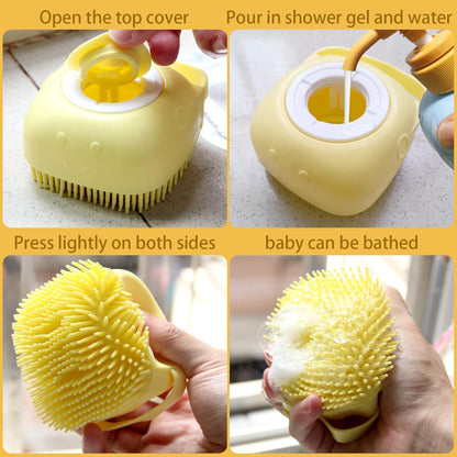 Pet Bath Brush Dog Bath Brush Shampoo Dispenser Soft Silicone Dog Bathing Brush Dog Shampoo Brush Scrubbers for Cats and Dog Shower Brush Grooming (Yellow)