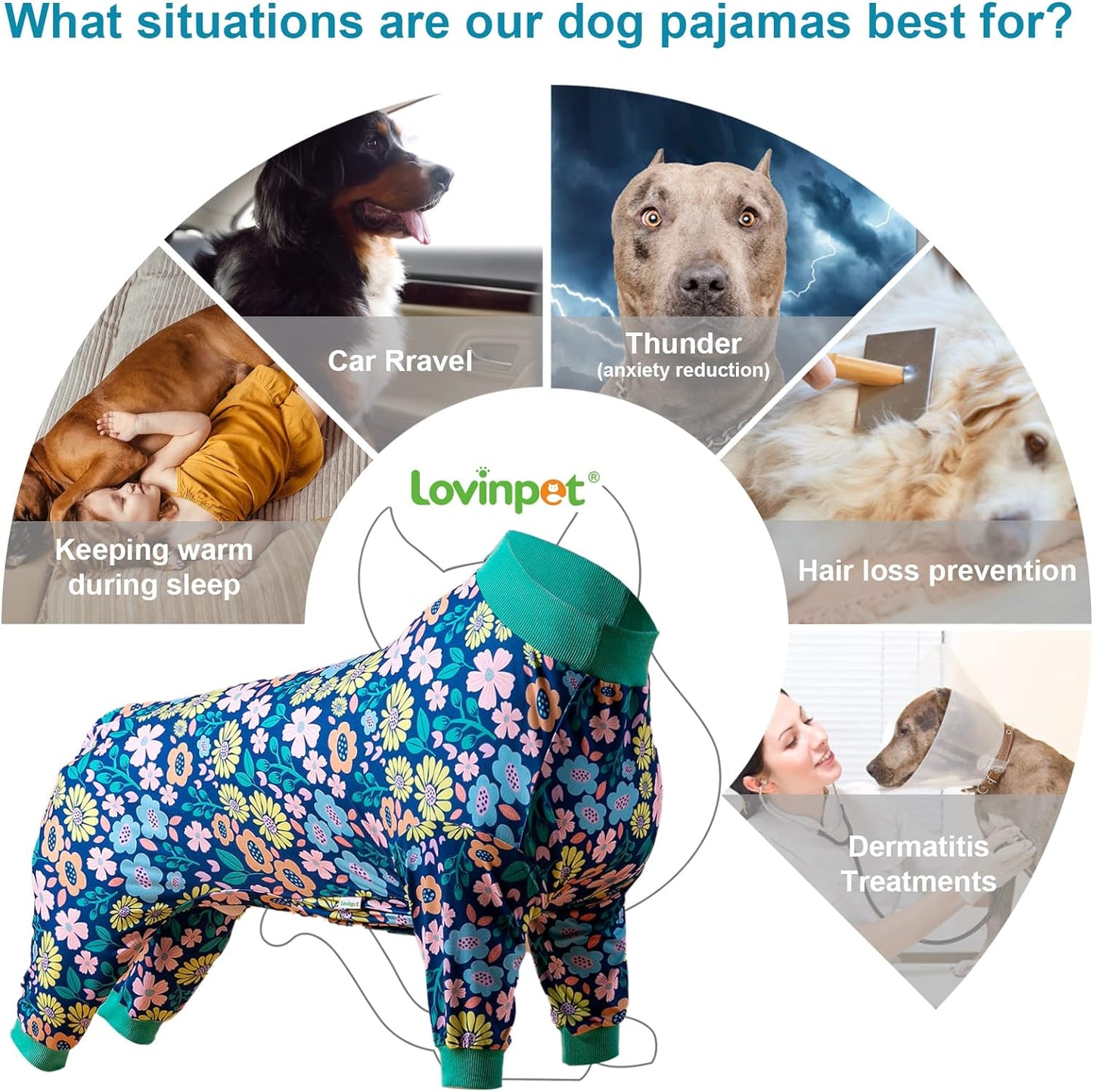 Dog Pajamas Large - Big Dog Clothes, Post Surgery Onesie, Lightweight Fabric Pitbull Dog Pullover Pajamas, Navy Wild Flowers Print,Pitull Pajamas, Full Coverage Dog Pj'S,Blue Green L