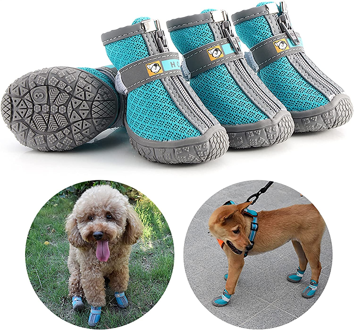 Dog Booties Paw Protector Dog Hiking Boots Breathable Dog Boots with Anti-Slip Rugged Sole for Small Medium Dogs, Blue, Size 4 (Pack of 4) (CMUS0-004-4)