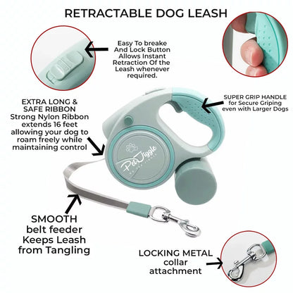 3 in 1 Retractable Dog Leash 16 FT with LED Flashlight - Dog Poop Bag and Poop Bag Dispenser [GREEN]