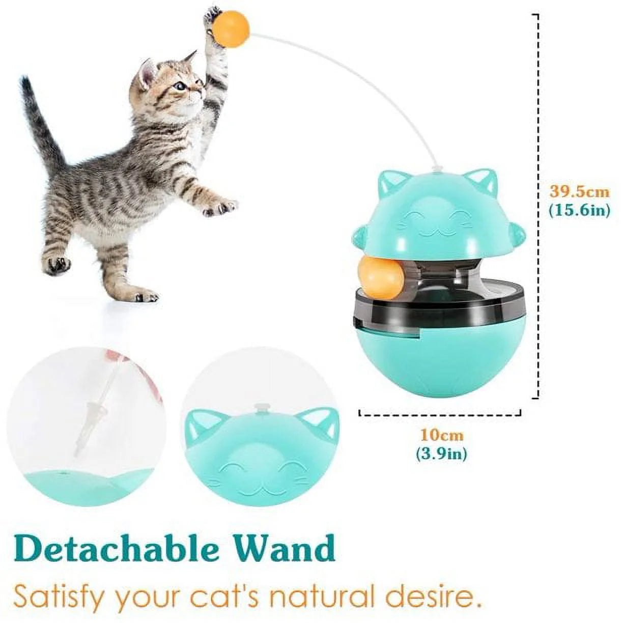 Cat Food Dispenser Treat Toys, Interactive Treat Dispensing Slow Feeder Pet Food Treat Ball, Funny Tumbler Style IQ Training Toy with Dual Rolling Balls & Detachable Wand for Cats Kitten, Blue