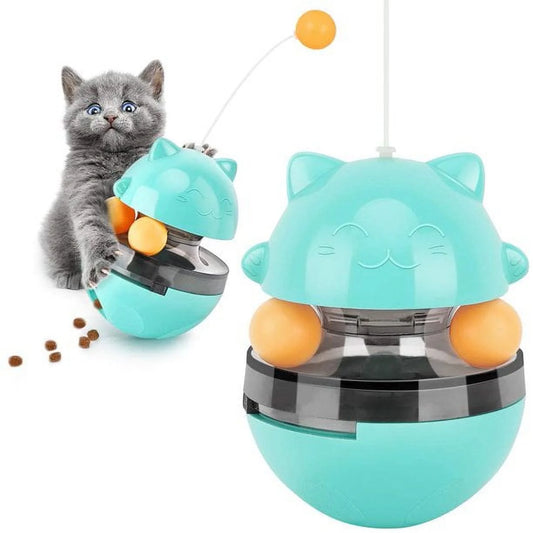 Cat Food Dispenser Treat Toys, Interactive Treat Dispensing Slow Feeder Pet Food Treat Ball, Funny Tumbler Style IQ Training Toy with Dual Rolling Balls & Detachable Wand for Cats Kitten, Blue