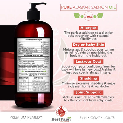 Pure Alaskan Salmon Oil for Dogs, Cats & Ferrets - Liquid Supplement for Joint Pain Relief - Soft Skin & Shiny Coat - Omega 3 Fish Oil Pets Love - 32Oz