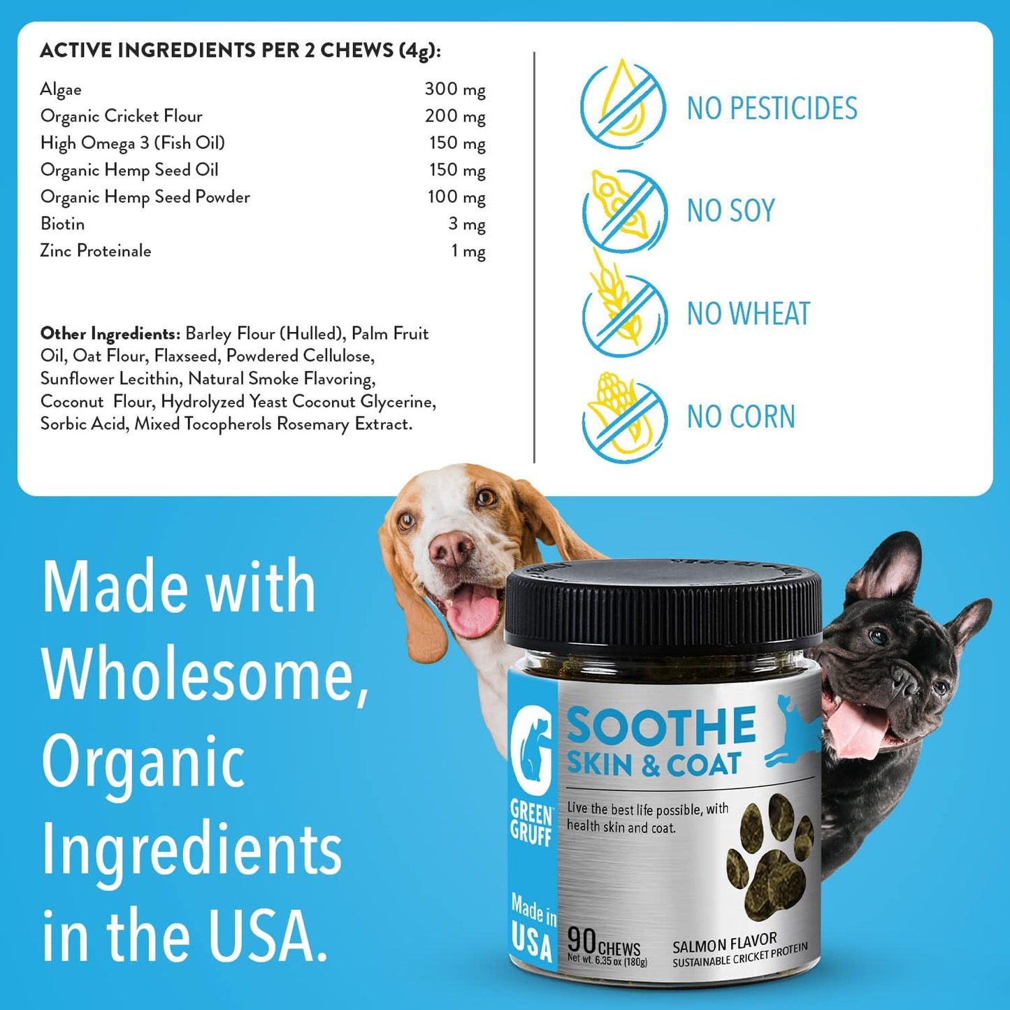 Dog Skin and Coat Supplement - Organic Dog Allergy Chews - Dry Skin, Shedding, Dog Itch Relief - Dog Omega 3 Supplement - Made in USA, Protein - Rich - anti Itch for Dogs - 90 Chews